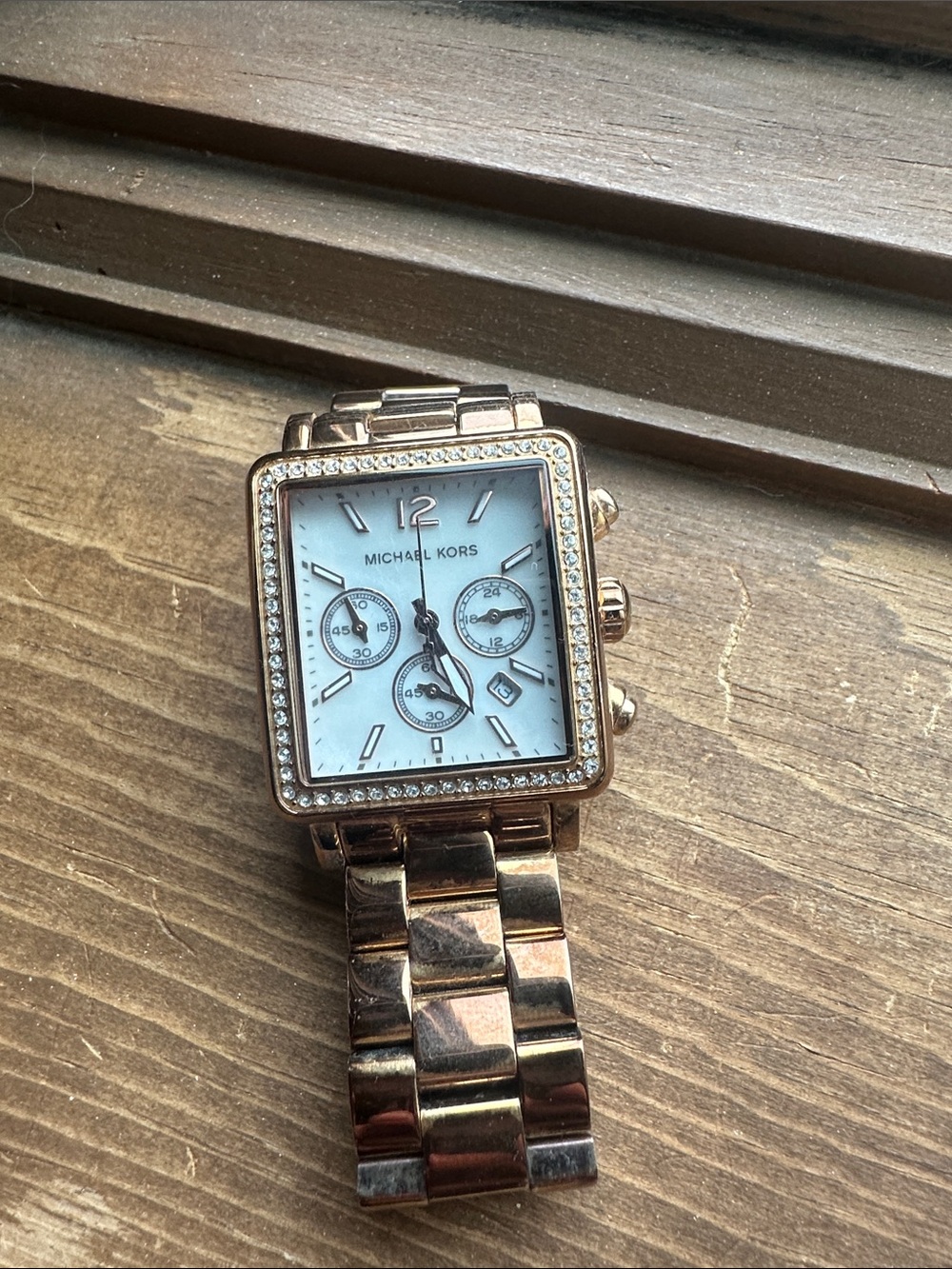 Michael Kors Rose Gold Square Crystal Bezel Chronograph Watch